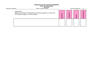 Nombre del empleado:_________________________________ Puesto o cargo que oupa:___________________
FORMULARIO DE EVALUACIÓN DE DESEMPEÑO
PARA COLABORADORES
360 grados
Período evaluado:del_____al_____:
Superiores
Compañeros
Clientes
Autoevaluación
Instrucciones:
Realice una valoración del desempeño del evaluado asginando un número del
100 (máximo puntaje) y 1 (mínimo puntaje)
 