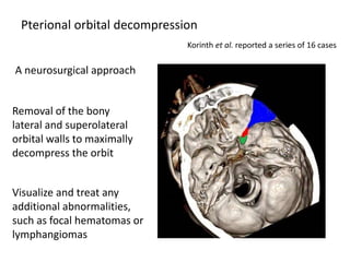 Pterional orbital decompression
Korinth et al. reported a series of 16 cases
A neurosurgical approach
Removal of the bony
lateral and superolateral
orbital walls to maximally
decompress the orbit
Visualize and treat any
additional abnormalities,
such as focal hematomas or
lymphangiomas
 