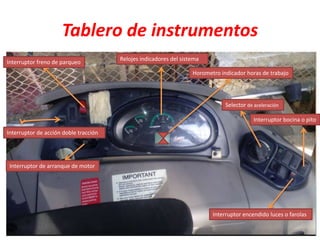 Tablero de instrumentos
Interruptor de arranque de motor
Interruptor freno de parqueo
Interruptor de acción doble tracción
Interruptor encendido luces o farolas
Interruptor bocina o pito
Relojes indicadores del sistema
Horometro indicador horas de trabajo
Selector de aceleración
 