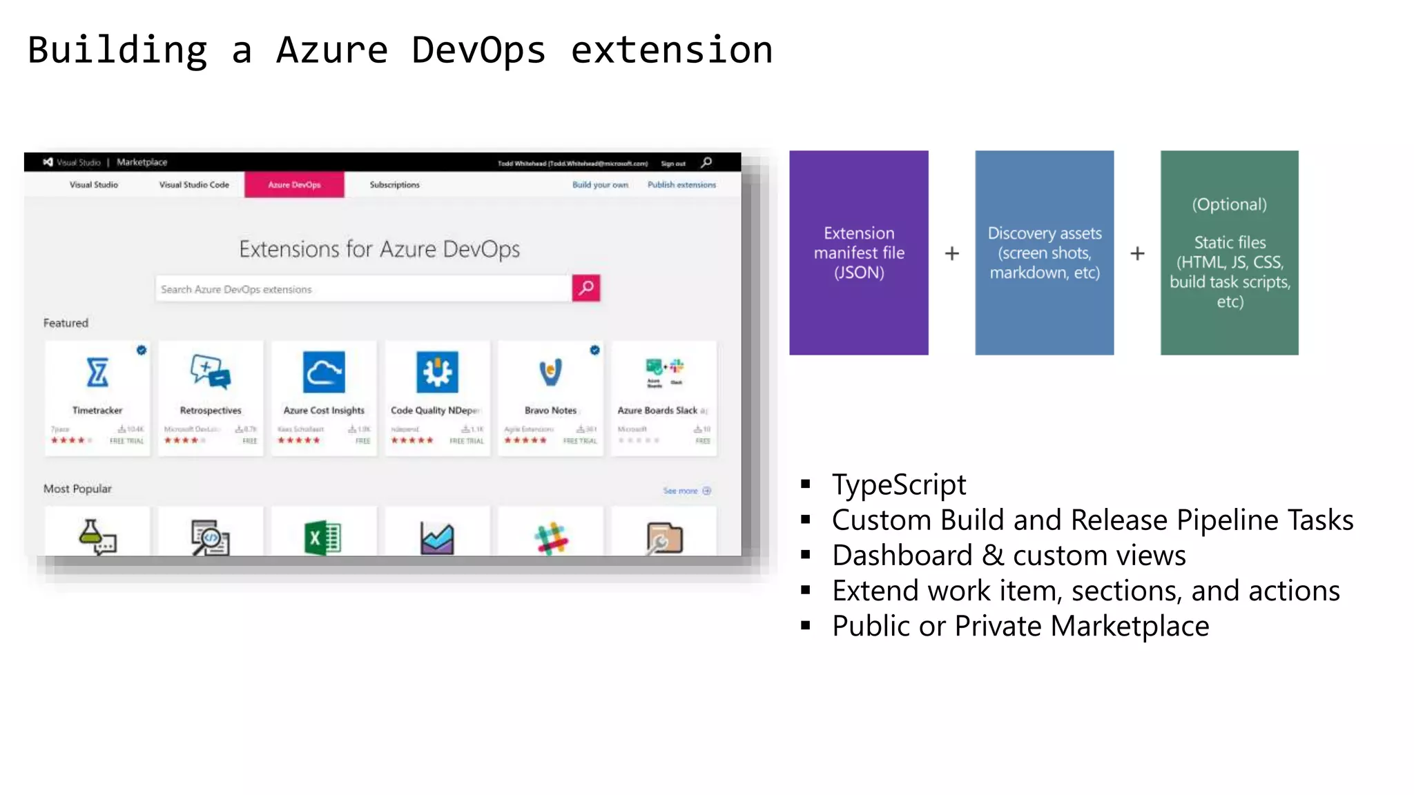  TypeScript
 Custom Build and Release Pipeline Tasks
 Dashboard & custom views
 Extend work item, sections, and actions
 Public or Private Marketplace
Building a Azure DevOps extension
 