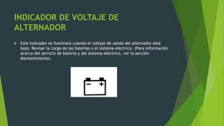 INDICADOR DE VOLTAJE DE
ALTERNADOR
 Este indicador se iluminará cuando el voltaje de salida del alternador está
bajo. Revisar la carga de las baterías o el sistema eléctrico. (Para información
acerca del servicio de batería y del sistema eléctrico, ver la sección
Mantenimiento).
 