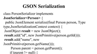 GSON Serialization
class PersonSerializer implements
JsonSerializer<Person> {
public JsonElement serialize(final Person person, Type
type,JsonSerializationContext context) {
JsonObject result = new JsonObject();
result.add("id", new JsonPrimitive(person.getId()));
result.add("name", new
JsonPrimitive(person.getName()));
Person parent = person.getParent();
if (parent != null) {
 