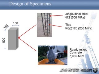 Design of Specimens
150
800
Longitudinal steel
N12 (500 MPa)
Ties
R6@120 (250 MPa)
Ready-mixed
Concrete
f’c=32 MPa
 