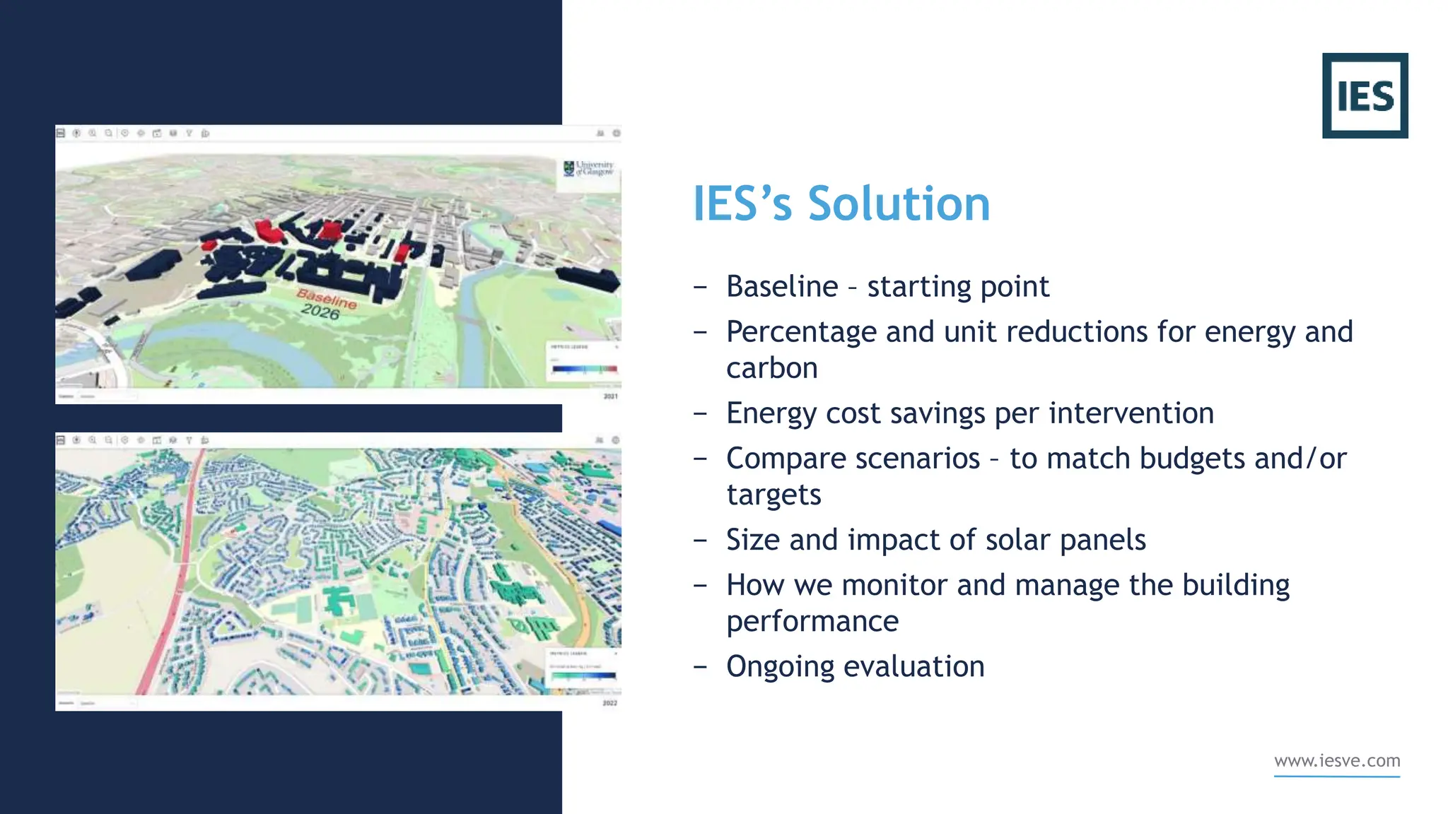 IES’s Solution
− Baseline – starting point
− Percentage and unit reductions for energy and
carbon
− Energy cost savings per intervention
− Compare scenarios – to match budgets and/or
targets
− Size and impact of solar panels
− How we monitor and manage the building
performance
− Ongoing evaluation
www.iesve.com
 