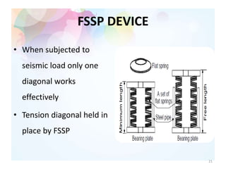 FSSP DEVICE
• When subjected to
seismic load only one
diagonal works
effectively
• Tension diagonal held in
place by FSSP
21
 