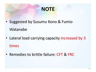 NOTE
• Suggested by Susumu Kono & Fumio
Watanabe
• Lateral load carrying capacity increased by 3
times
• Remedies to brittle failure: CFT & FRC
24
 