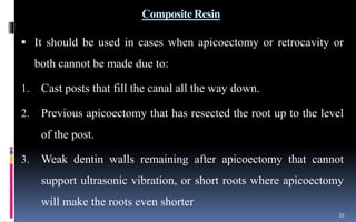 Composite Resin
 It should be used in cases when apicoectomy or retrocavity or
both cannot be made due to:
1. Cast posts that fill the canal all the way down.
2. Previous apicoectomy that has resected the root up to the level
of the post.
3. Weak dentin walls remaining after apicoectomy that cannot
support ultrasonic vibration, or short roots where apicoectomy
will make the roots even shorter
33
 