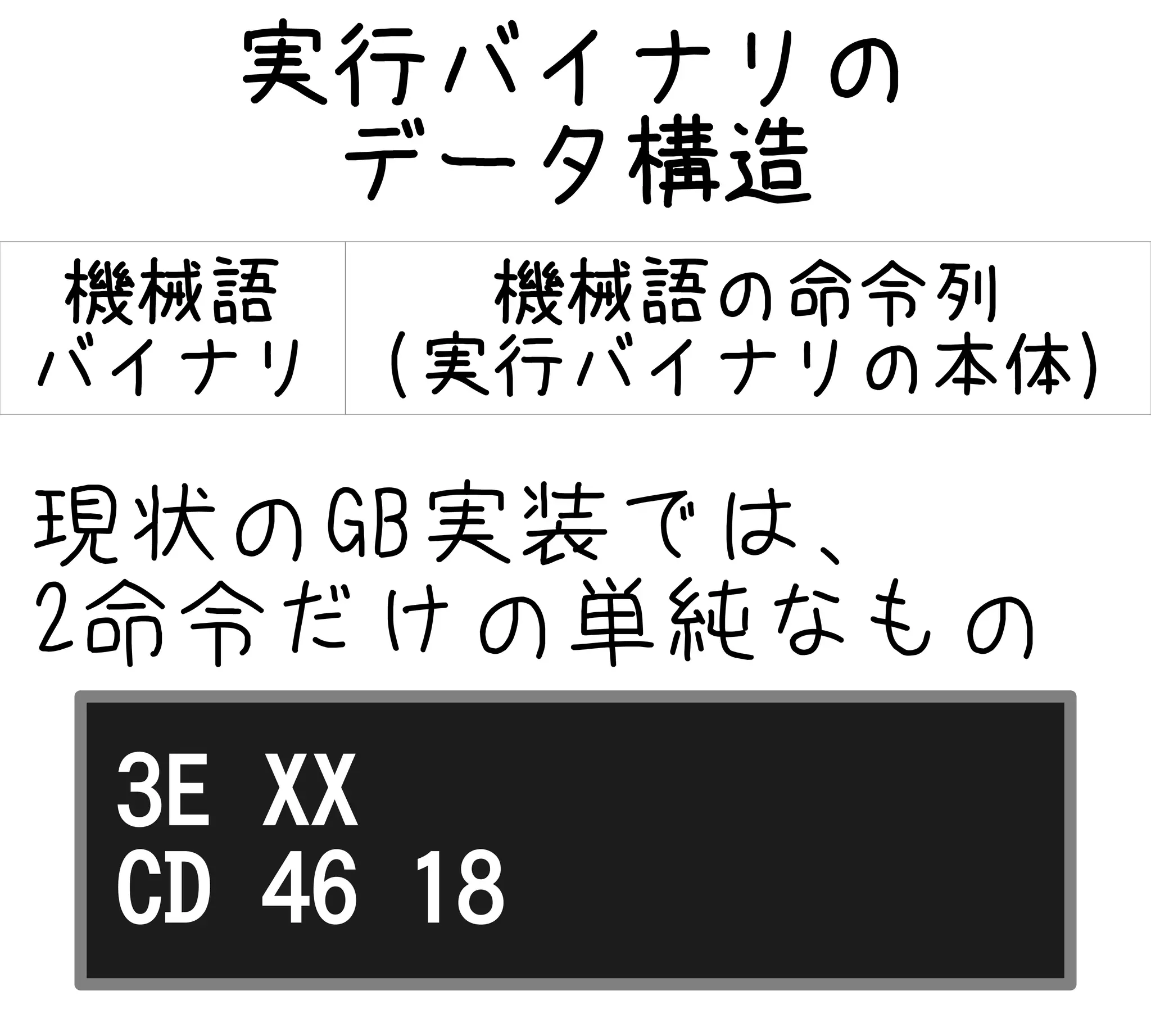 実行バイナリの
データ構造
機械語
バイナリ
機械語の命令列
(実行バイナリの本体)
現状のGB実装では、
2命令だけの単純なもの
3E XX
CD 46 18
 
