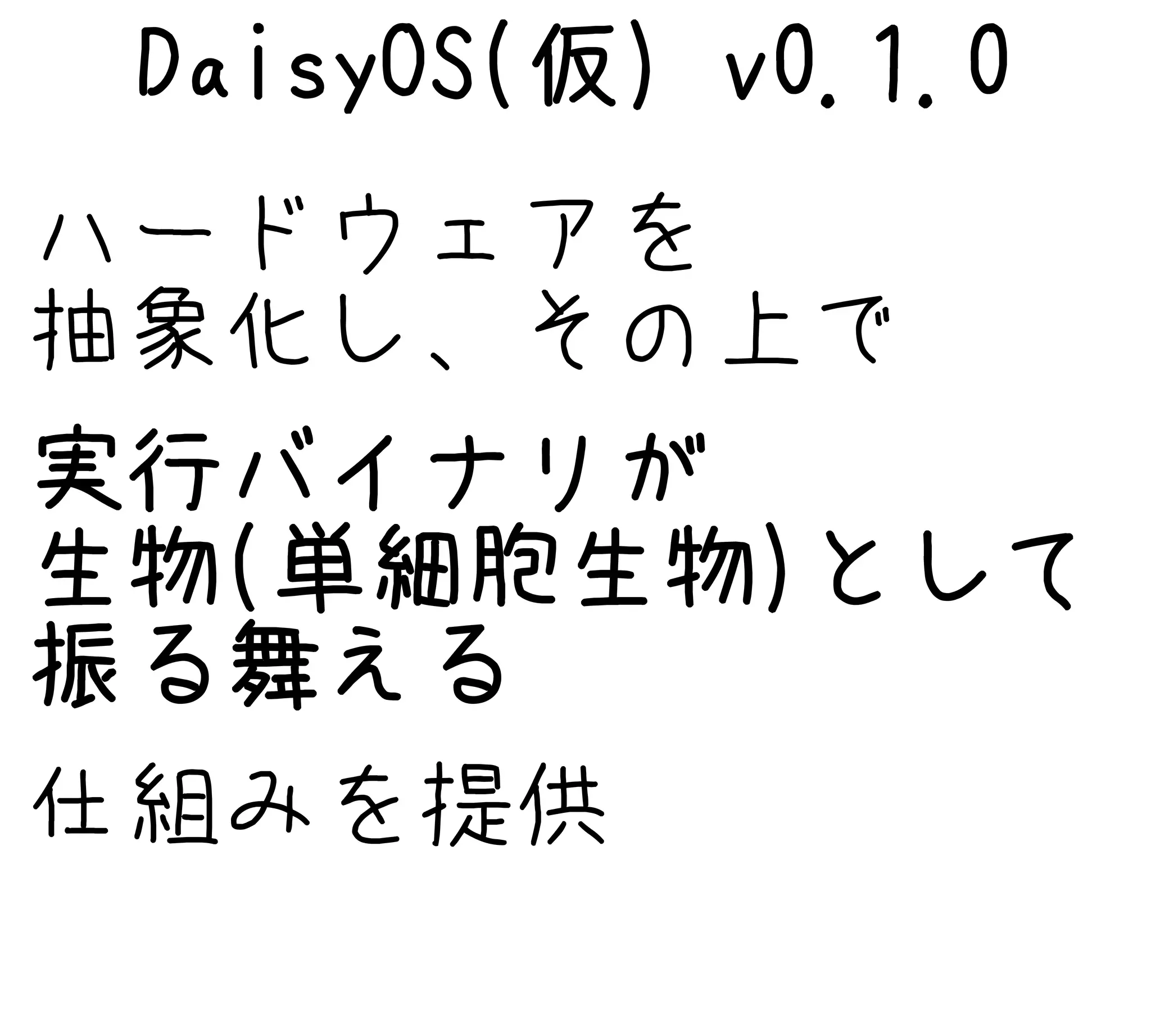 DaisyOS(仮) v0.1.0
ハードウェアを
抽象化し、その上で
実行バイナリが
生物(単細胞生物)として
振る舞える
仕組みを提供
 