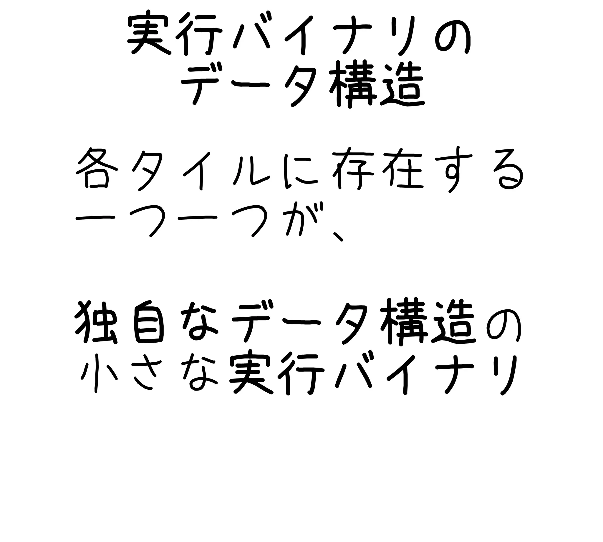 実行バイナリの
データ構造
各タイルに存在する
一つ一つが、
独自なデータ構造の
小さな実行バイナリ
 