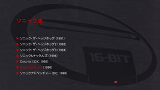 ソニック史
◼ ソニック・ザ・ヘッジホッグ (1991)
◼ ソニック・ザ・ヘッジホッグ2 (1992)
◼ ソニック・ザ・ヘッジホッグ3 (1994)
◼ ソニック&ナックルズ (1994)
◼ CHAOTIX (32X, 1995)
◼ SONIC 3D BLAST (1996)
◼ ソニックアドベンチャー (DC, 1998)
 