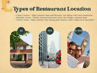 $$$ $-$$$
$$
• Urban Centers - High customer base and diversity, but higher costs and competition
• Suburban Areas - Family-oriented with lower costs, but smaller customer base
• Tourist Areas - High customer flow during peak seasons, offer unique local specialties
 