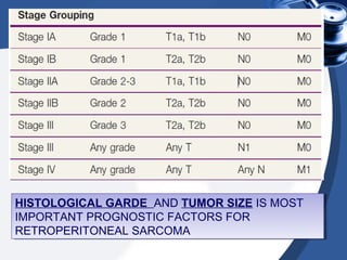 HISTOLOGICAL GARDE AND TUMOR SIZE IS MOST
IMPORTANT PROGNOSTIC FACTORS FOR
RETROPERITONEAL SARCOMA
HISTOLOGICAL GARDE AND TUMOR SIZE IS MOST
IMPORTANT PROGNOSTIC FACTORS FOR
RETROPERITONEAL SARCOMA
 