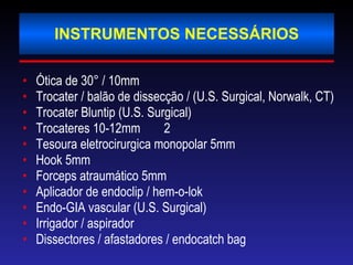 INSTRUMENTOS NECESSÁRIOS Ótica de 30 ° / 10mm Trocater / balão de dissecção / (U.S. Surgical, Norwalk, CT) Trocater Bluntip (U.S. Surgical) Trocateres 10-12mm 2 Tesoura eletrocirurgica monopolar 5mm Hook 5mm Forceps atraumático 5mm Aplicador de endoclip / hem-o-lok Endo-GIA vascular (U.S. Surgical) Irrigador / aspirador Dissectores / afastadores / endocatch bag 