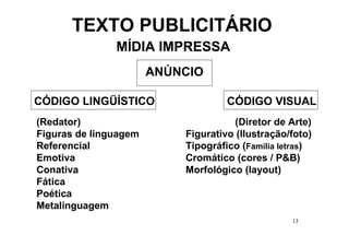 TEXTO PUBLICITÁRIO
               MÍDIA IMPRESSA
                       ANÚNCIO

CÓDIGO LINGÜÍSTICO                  CÓDIGO VISUAL
(Redator)                            (Diretor de Arte)
Figuras de linguagem       Figurativo (Ilustração/foto)
Referencial                Tipográfico (Família letras)
Emotiva                    Cromático (cores / P&B)
Conativa                   Morfológico (layout)
Fática
Poética
Metalinguagem
                                                  13
 