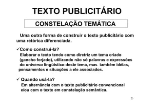 TEXTO PUBLICITÁRIO
         CONSTELAÇÃO TEMÁTICA
 Uma outra forma de construir o texto publicitário com
uma retórica diferenciada.
 Como construí-la?
  Elaborar o texto tendo como diretriz um tema criado
 (gancho forjado), utilizando não só palavras e expressões
 do universo lingüístico deste tema, mas também idéias,
 pensamentos e situações a ele associados.

  Quando usá-la?
  Em alternância com o texto publicitário convencional
  e/ou com o texto em constelação semântica.
                                                         23
 