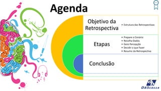 Objetivo da
Retrospectiva
Etapas
Conclusão
• Estrutura das Retrospectivas
• Prepare o Cenário
• Recolha Dados
• Gere Percepção
• Decidir o que Fazer
• Resumo da Retrospectiva
Agenda
 