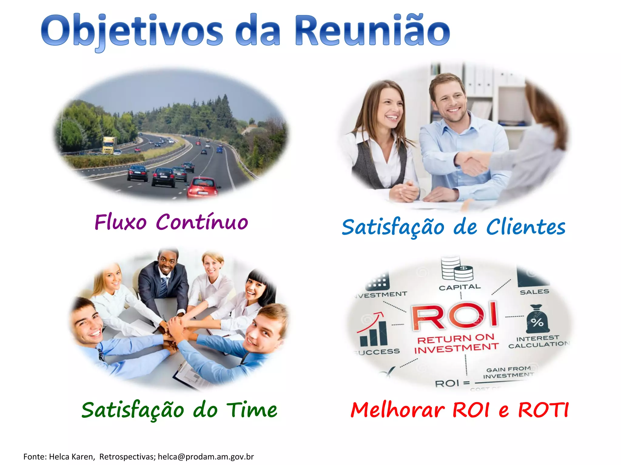 Fluxo Contínuo Satisfação de Clientes
Satisfação do Time Melhorar ROI e ROTI
Fonte: Helca Karen, Retrospectivas; helca@prodam.am.gov.br
 