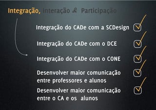 Integração, Interação & Participação

         Integração do CADe com a SCDesign

         Integração do CADe com o DCE

         Integração do CADe com o CONE

         Desenvolver maior comunicação
         entre professores e alunos
         Desenvolver maior comunicação
         entre o CA e os alunos
 