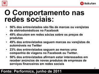O Comportamento nas redes sociais: 56% dos entrevistados são fãs de marcas ou varejistas de eletrodomésticos no Facebook 49% discutem em redes sócias sobre os preços de produtos 49% dos entrevistados seguem marcas ou varejistas de automóveis no Twitter 23% dos entrevistados seguem ao menos uma companhia de viagens no Facebook ou Twitter. 50% dos entrevistados afirmam estar interessados em receber anúncios de novos produtos de empresas de serviços financeiros em redes sociais Fonte: Performics, junho de 2011 