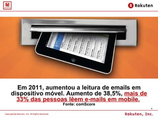 Em 2011, aumentou a leitura de emails em dispositivo móvel. Aumento de 38,5%,  mais de 33% das pessoas lêem e-mails em mobile.   Fonte: comScore 