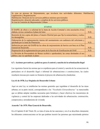 Se crea un proceso de Mejoramiento, que involucra tres actividades diferentes: Habilitación,
Legalización y Regularización.
Habilitación: Dotación de los servicios públicos mínimos provisionales
Regularización: dotación adecuada y completa de los servicios públicos
Se crea la Comisión de Mejoramiento Urbano
                                                                                 TIEMPO
                                          ETAPAS                                 (MESES)
El DAPD, de oficio o a solicitud de la Junta de Acción Comunal u otra asociación cívica
elabora, revisa o actualiza el plano de loteo                                                     N.D.
Remisión de tres copias del plano a Catastro Distrital para que fije la nomenclatura y realice
los desenglobes                                                                                   N.D.
Elaboración de la reglamentación interna del asentamiento con audiencia del solicitante y
aprobada por la Junta de Planeación                                                               N.D.
Definición por parte del DAPD de las obras de mejoramiento de barrios con base en el Plan
General de Desarrollo                                                                             N.D.
Preparación de la reglamentación por parte de la Sección de Zonificación del DAP.                 N.D.
La División de Procuraduría de Bienes recibirá o aprehenderá, las zonas destinadas al uso
público, una vez aprobado el plano                                                                N.D.


6.7.- Acciones preventivas y policivas para el control y sanción de la urbanización ilegal

Las siguientes fueron las normas que se expidieron para el control y sanción de las actuaciones de
particulares en el desarrollo ilegal o informal de urbanizaciones o construcciones, las cuales
resultaron inocuas por cuanto no frenaron el proceso de urbanización clandestina:

Ley 61 de 1978, Ley Orgánica de Desarrollo Urbano

Aquí en esta Ley se establecían las normas generales que regulaban el desarrollo de las áreas
urbanas; en su parte inicial, correspondiente a las “Facultades Extraordinarias” se mencionaba
que se debían adoptar medidas necesarias para fortalecer y hacer efectivos los mecanismos de
vigilancia y control de las empresas dedicadas a las actividades de urbanización, construcción,
compraventa y arrendamiento de vivienda.

Acuerdo 7 de 1979. Plan General de Desarrollo.

En el Capítulo II del Titulo XI, se trata el tema de las sanciones y en el se describen claramente
las diferentes contravenciones en las que podrían incurrir las personas que necesitando permiso


                                                                                                 66
 