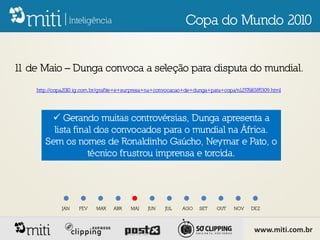 Copa do Mundo 2010


1 de Maio – Dunga convoca a seleção para disputa do mundial.
 1
    http://copa2010.ig.com.br/grafite+e+surpresa+na+convocacao+de+dunga+para+copa/n1237616385309.html




         Gerando muitas controvérsias, Dunga apresenta a
         lista final dos convocados para o mundial na África.
       Sem os nomes de Ronaldinho Gaúcho, Neymar e Pato, o
                   técnico frustrou imprensa e torcida.




              JAN   FEV    MAR    ABR    MAI    JUN    JUL   AGO    SET    OUT    NOV    DEZ



                                                                                          www.miti.com.br
 