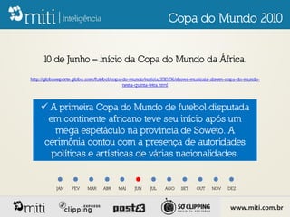 Copa do Mundo 2010


     10 de Junho – Início da Copa do Mundo da África.
http://globoesporte.globo.com/futebol/copa-do-mundo/noticia/2010/06/shows-musicais-abrem-copa-do-mundo-
                                           nesta-quinta-feira.html



     A primeira Copa do Mundo de futebol disputada
      em continente africano teve seu início após um
        mega espetáculo na província de Soweto. A
     cerimônia contou com a presença de autoridades
       políticas e artísticas de várias nacionalidades.


           JAN    FEV    MAR    ABR    MAI    JUN    JUL    AGO    SET    OUT    NOV    DEZ



                                                                                         www.miti.com.br
 