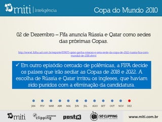 Copa do Mundo 2010


02 de Dezembro – Fifa anuncia Rússia e Qatar como sedes
                 das próximas Copas.
 http://www1.folha.uol.com.br/esporte/839673-qatar-ganha-votacao-e-sera-sede-da-copa-de-2022-russia-fica-com-
                                             mundial-de-2018.shtml


 Em outro episódio cercado de polêmicas, a FIFA decide
  os países que irão sediar as Copas de 2018 e 2022. A
escolha de Rússia e Qatar irritou os ingleses, que haviam
     sido punidos com a eliminação da candidatura.


           JAN     FEV    MAR    ABR    MAI    JUN     JUL    AGO    SET    OUT    NOV     DEZ



                                                                                            www.miti.com.br
 