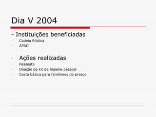 Dia V 2004 - Instituições beneficiadas Cadeia Pública APAC Ações realizadas Passeata Doação de kit de higiene pessoal Cesta básica para familiares do presos 