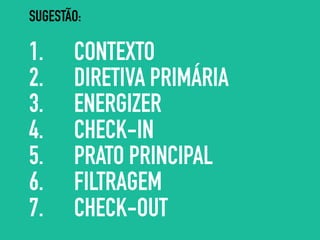 SUGESTÃO:
1. CONTEXTO
2. DIRETIVA PRIMÁRIA
3. ENERGIZER
4. CHECK-IN
5. PRATO PRINCIPAL
6. FILTRAGEM
7. CHECK-OUT
 