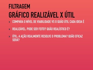 FILTRAGEM
GRÁFICO REALIZÁVEL X ÚTIL
‣ COMPARA O NÍVEL DE VIABILIDADE VS O QUÃO ÚTIL CADA IDEIA É
‣ REALIZÁVEL: PODE SER FEITO? QUÃO REALÍSTICO É?
‣ ÚTIL: A AÇÃO REALMENTE RESOLVE O PROBLEMA? QUÃO EFICAZ
SERÁ?
 