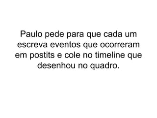 Paulo pedeparaquecada um escrevaeventosqueocorreramempostits e cole no timeline quedesenhou no quadro.