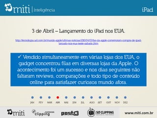 iPad


             3 de Abril – Lançamento do iPad nos EUA.
http://tecnologia.uol.com.br/mundo-apple/ultimas-noticias/2010/04/03/fas-da-apple-comemoram-compra-de-ipad-
                                     lancado-nos-eua-neste-sabado.jhtm




  Vendido simultaneamente em várias lojas dos EUA, o
  gadget concentrou filas em diversas lojas da Apple. O
 acontecimento foi um sucesso e nos dias seguintes não
 faltaram reviews, comparações e todo tipo de conteúdo
        online para satisfazer curiosos mundo afora.


            JAN    FEV    MAR     ABR    MAI    JUN    JUL    AGO    SET     OUT    NOV    DEZ



                                                                                            www.miti.com.br
 