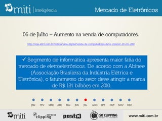 Mercado de Eletrônicos


  06 de Julho – Aumento na venda de computadores.
    http://veja.abril.com.br/noticia/vida-digital/venda-de-computadores-deve-crescer-20-em-2010




   Segmento de informática apresenta maior fatia do
mercado de eletroeletrônicos. De acordo com a Abinee
      (Associação Brasileira da Indústria Elétrica e
Eletrônica), o faturamento do setor deve atingir a marca
                de R$ 124 bilhões em 2010.


       JAN    FEV     MAR    ABR    MAI     JUN    JUL    AGO     SET    OUT     NOV    DEZ



                                                                                          www.miti.com.br
 