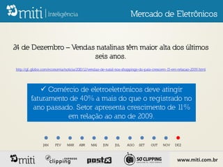 Mercado de Eletrônicos


24 de Dezembro – Vendas natalinas têm maior alta dos últimos
                       seis anos.
http://g1.globo.com/economia/noticia/2010/12/vendas-de-natal-nos-shoppings-do-pais-crescem-13-em-relacao-2009.html




             Comércio de eletroeletrônicos deve atingir
         faturamento de 40% a mais do que o registrado no
          ano passado. Setor apresenta crescimento de 11%
                    em relação ao ano de 2009.


                JAN    FEV    MAR    ABR     MAI    JUN    JUL    AGO    SET     OUT    NOV    DEZ



                                                                                                www.miti.com.br
 