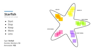 Starﬁsh
What we are using!
● Start
● Stop
● Keep
● More
● Less
Type: Verbal
Number Members: 5+
Remotable: YES
 