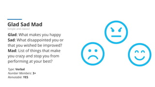 Glad Sad Mad
Simple and classic!
Glad: What makes you happy
Sad: What disappointed you or
that you wished be improved?
Mad: List of things that make
you crazy and stop you from
performing at your best?
Type: Verbal
Number Members: 3+
Remotable: YES
 