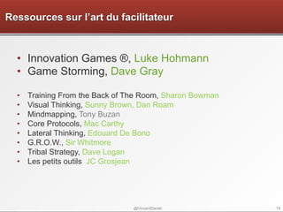 RESSOURCES SUR L’ART DU
FACILITATEUR
•  Innovation Games ®, Luke Hohmann
•  Game Storming, Dave Gray
•  Training From the ...