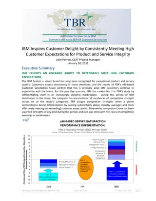 TBR
                                                                                       T EC H N O L O G Y B U S I N ES S R ES EAR C H , I N C .



                                                                                     A RETROSPECTIVE ANALYSIS OF IBM
                                                                            CORPORATE X86-BASED SERVER CUSTOMER SATISFACTION


IBM Inspires Customer Delight by Consistently Meeting High
  Customer Expectations for Product and Service Integrity
                                                                                      Julie Perron, CSAT Project Manager
                                                                                                January 10, 2011
Executive Summary
IBM EXHIBITS AN UNCANNY ABILITY TO DEPENDABLY MEET HIGH CUSTOMER
EXPECTATIONS
The IBM System x server brand has long been recognized for exceptional product and service
quality. Customers expect consistency in these attributes, and the results of TBR’s x86-based
Customer Satisfaction Study confirm that this is precisely what IBM customers continue to
experience with the brand. For the past five quarters, IBM has ranked No. 1 in TBR’s study by
differentiating itself in an increasingly dynamic marketplace. During this period of IBM
domination in the study, the company has accumulated 12 incidences of competitive strength
across six of the study’s categories. TBR assigns competitive strengths when a player
demonstrates brand differentiation by scoring substantially above industry averages and more
effectively meeting (or exceeding) customer expectations. Meanwhile, competitors have not been
awarded strengths of any kind during the period, and Dell was cited with five cases of competitive
warnings or weaknesses.
TBR                                                                                         x86-BASED SERVER SATISFACTION
                                                                                            PERFORMANCE DIFFERENTIATION,
                                                                                         Past 5 Reporting Periods (3Q09 through 3Q10)
                                                                                Sources: TBR x86-based Servers: Corporate IT Buying Behavior & Customer Satisfaction Studies
 # Incidences Where TBR Assigned Competitive Strengths or




                                                            14
                                                            12                                                                              Phone Support, 1
                                                                                                                                                                                                   STRENGTHS



                                                            10                                                                               Delivery Time, 1
                                                                                                                                       Management Tools, 2
                                                             8
                                                                                                                                         Energy Efficiency, 2
                                                             6
                  Warnings/Weaknesses




                                                                                                                                                Virtualization
                                                             4                                                                                   Solutions, 3
                                                             2                                                                                    Hardware
                                                                                                                                                 Reliability, 3
                                                             0                                                            HP: 0
                                                                                          Energy Efficiency, -2           Competitive
                                                             -2
                                                                                          Management Tools, -2            Strengths,
                                                                                                                                                                                                   WARNINGS




                                                             -4                                                           Warnings or
                                                                                          Phone Support, -1
                                                             -6                                                           Weaknesses
                                                                                                                          Assigned                                   IBM: 12 Competitive
                                                             -8
                                                                         Dell: 5                                                                                      Strengths Awarded;
                                                            -10   Warnings/Weaknesses                                                                              0 Warnings/Weaknesses

                                                            -12    Cited, 0 Strengths

                                                            -14

                                                                         Dell                                              HP                                                  IBM
TECHNOLOGY BUSINESS RESEARCH, INC.                                                                              www.tbri.com                                                   P: (603) 929-1166    pg. 1
 