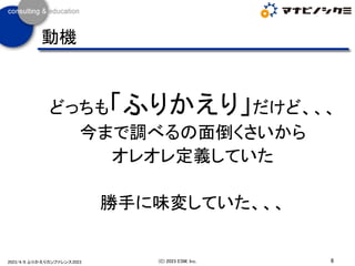 どっちも「ふりかえり」だけど、、、
今まで調べるの面倒くさいから
オレオレ定義していた
勝手に味変していた、、、
6
(C) 2023 ESM, Inc.
2023/4/8 ふりかえりカンファレンス2023
動機
 