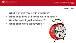 OFFICE OF DISTANCE AND ELEARNING
PgMO
OBJECTIVE
• What was delivered this iteration?
• What deadlines or stories were missed?
• Was the sprint goal achieved?
• What bugs were discovered?
 