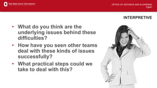 OFFICE OF DISTANCE AND ELEARNING
PgMO
INTERPRETIVE
• What do you think are the
underlying issues behind these
difficulties?
• How have you seen other teams
deal with these kinds of issues
successfully?
• What practical steps could we
take to deal with this?
 