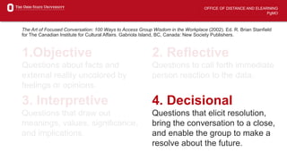 OFFICE OF DISTANCE AND ELEARNING
PgMO
The Art of Focused Conversation: 100 Ways to Access Group Wisdom in the Workplace (2002). Ed. R. Brian Stanfield
for The Canadian Institute for Cultural Affairs. Gabriola Island, BC, Canada: New Society Publishers.
1.Objective
Questions about facts and
external reality uncolored by
feelings or opinions.
2. Reflective
Questions to call forth immediate
person reaction to the data.
3. Interpretive
Questions that draw out
meanings, values, significance,
and implications.
4. Decisional
Questions that elicit resolution,
bring the conversation to a close,
and enable the group to make a
resolve about the future.
 