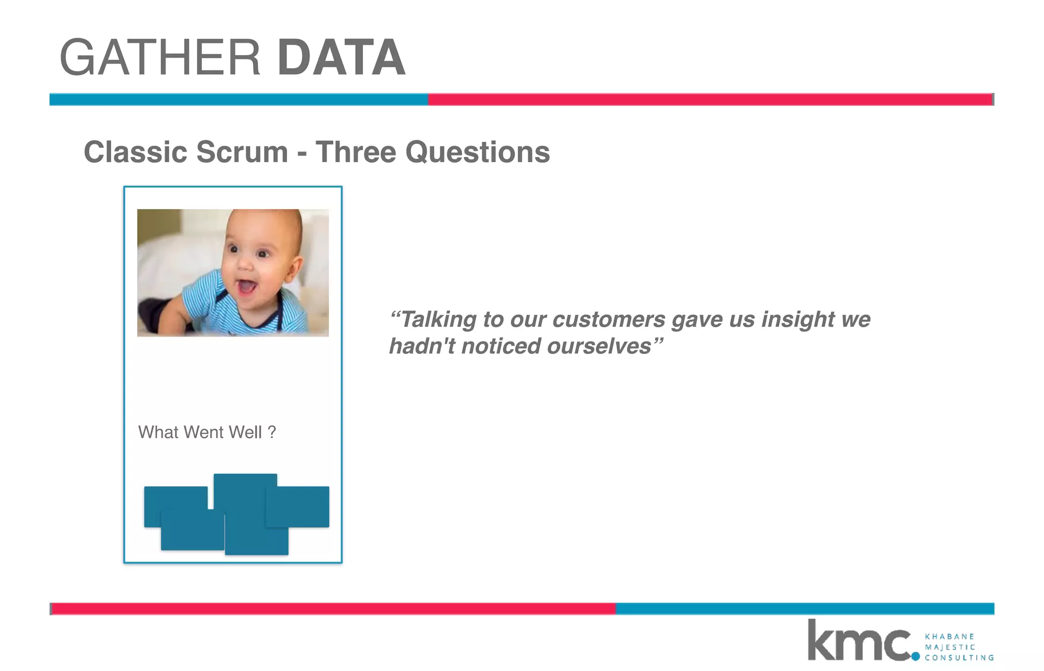 “Talking to our customers gave us insight we
hadn't noticed ourselves”
Classic Scrum - Three Questions
GATHER DATA
What Went Well ?
 
