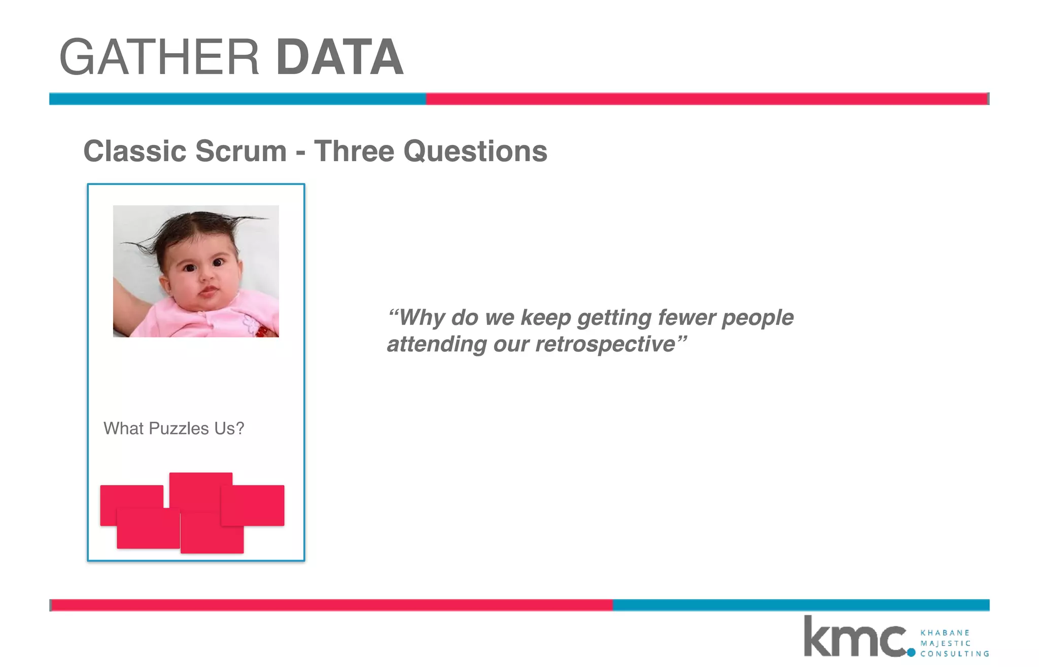 Classic Scrum - Three Questions
“Why do we keep getting fewer people
attending our retrospective”
GATHER DATA
What Puzzles Us?
 
