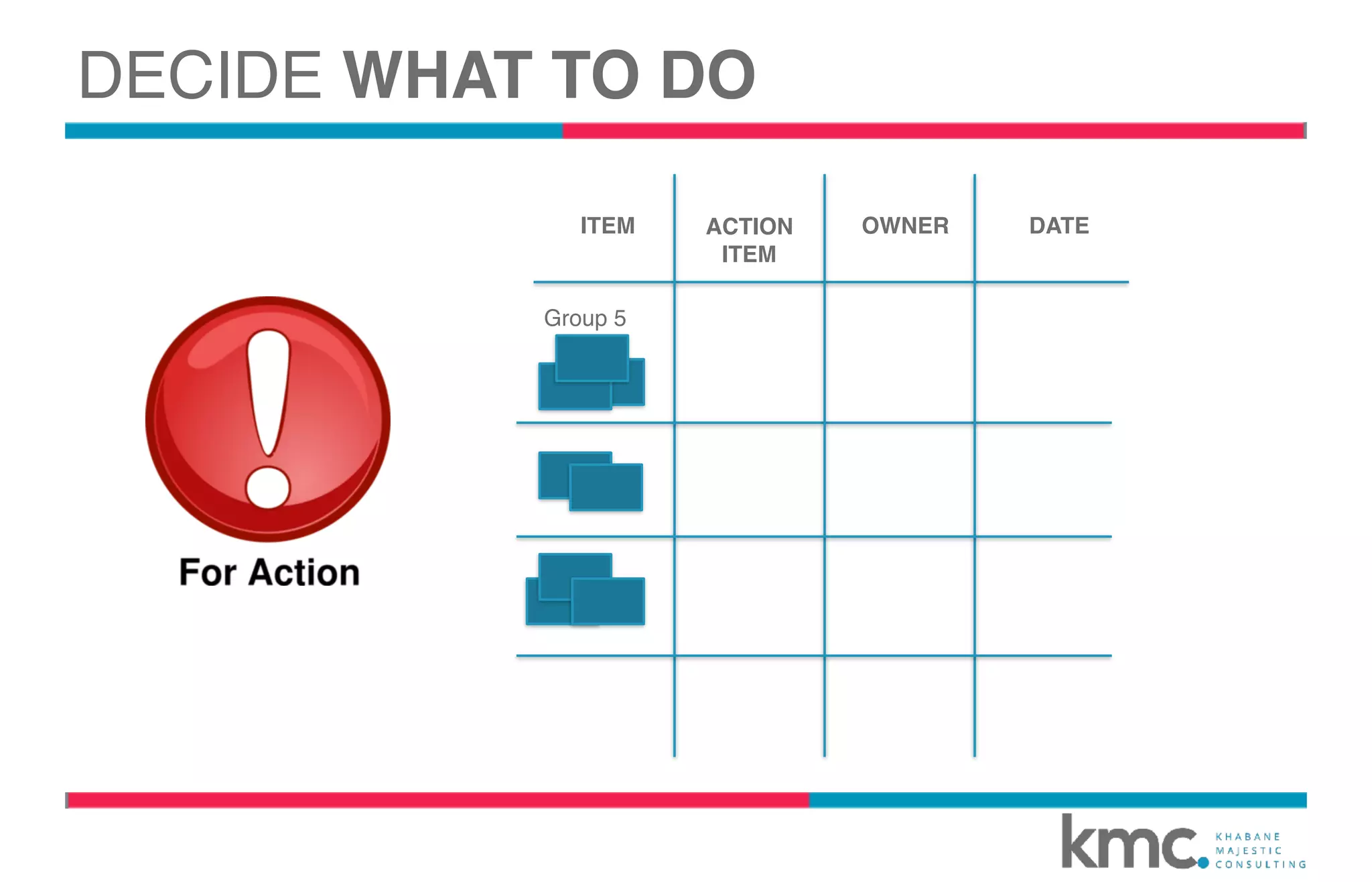 Group 5
ITEM ACTION
ITEM
OWNER DATE
DECIDE WHAT TO DO
 