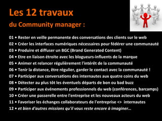 Les 12 travaux du Community manager : 01 • Rester en veille permanente des conversations des clients sur le web 02 • Créer...