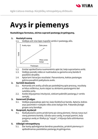 Agile Lietuva meetup. Kūrybiškų retrospektyvų dirbtuvės
 
Avys ir piemenys
Nuotaikingas formatas, skirtas suprasti pastangų kryptingumą.

1. Nustatyti sceną
1.1. Vedėjas ant viso lapo nupaišo vertės ir pastangų ašis.

1.2. Greitai apsikeičiama nuomonėmis apie tai, kaip suprantama vertė.
1.3. Vedėjas parodo video ar nuotraukas su ganoma avių banda iš
paukščio skrydžio.
1.4. Aptariami iteracijos rezultatai. Pasvarstoma, kokias pastangas
galima pavadinti paklydusia avele.
2. Surinkti duomenis
2.1. Komanda ant avelių užrašo po pastebėjimą apie procesą, rezultatą
ar kitus reiškinius, kurie siejasi su skirtomis pastangomis bei
suteikta verte.
2.2. Avelės klijuojamos intuityviai, siekiant pabrėžti pastangų ir vertės
santykį.
3. Generuoti įžvalgas
3.1. Vedėjas papasakoja apie tai, kaip išsidėsčiusi banda. Aptaria, kokios
avys pasimetė ir nuklydo vilko avies kailyje link. Pabando įžvelgti
grupes avių bandoje.
4. Nuspręsti, ką daryti
4.1. Nuklydusioms avims priskiriama po vieną piemenį. Vienas narys turi
vieną piemens kortelę. Užrašo savo vardą, trumpai pamini, kaip
parganys avelę ar išlaikys ją “rojuje”, ir klijuoja šalia atitinkamos
avelės.
5. Užbaigti retrospektyvą
5.1. Dar kartą apžvelgiamas bendras paveikslas, priskirti piemenys ir
apibūdinamas pastebėtas pastangų kryptingumas.




 