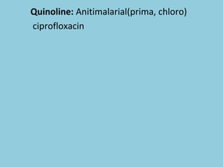 Quinoline: Anitimalarial(prima, chloro)
ciprofloxacin
 